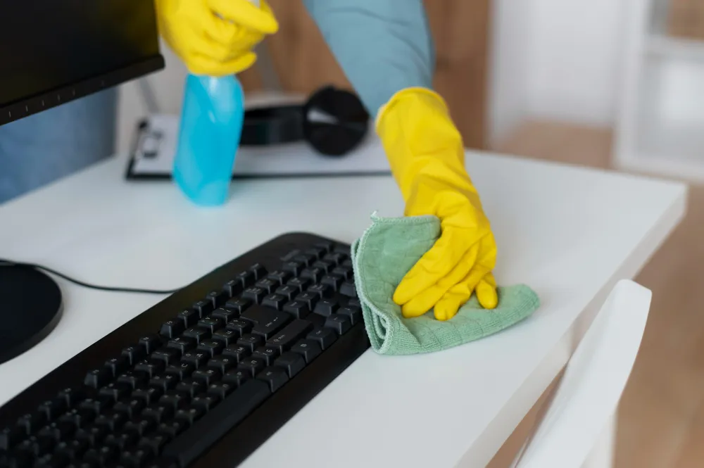 Professional cleaner in an office, with yellow gloves and spray on a keyboard Professional cleaner in an office, with yellow gloves and spray on a keyboard